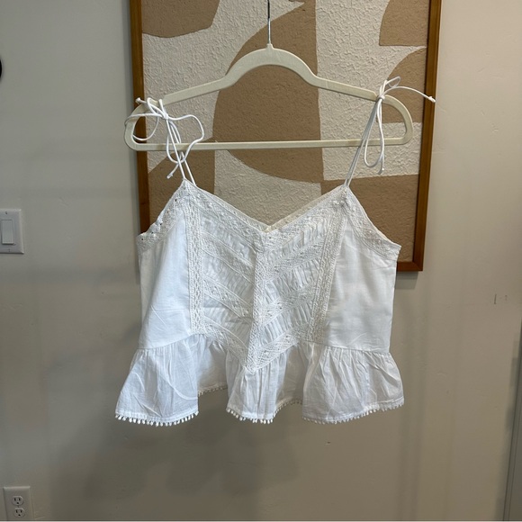 Abercrombie & Fitch Tops - White Tie-Strap Crochet Trim Peplum Tank Top